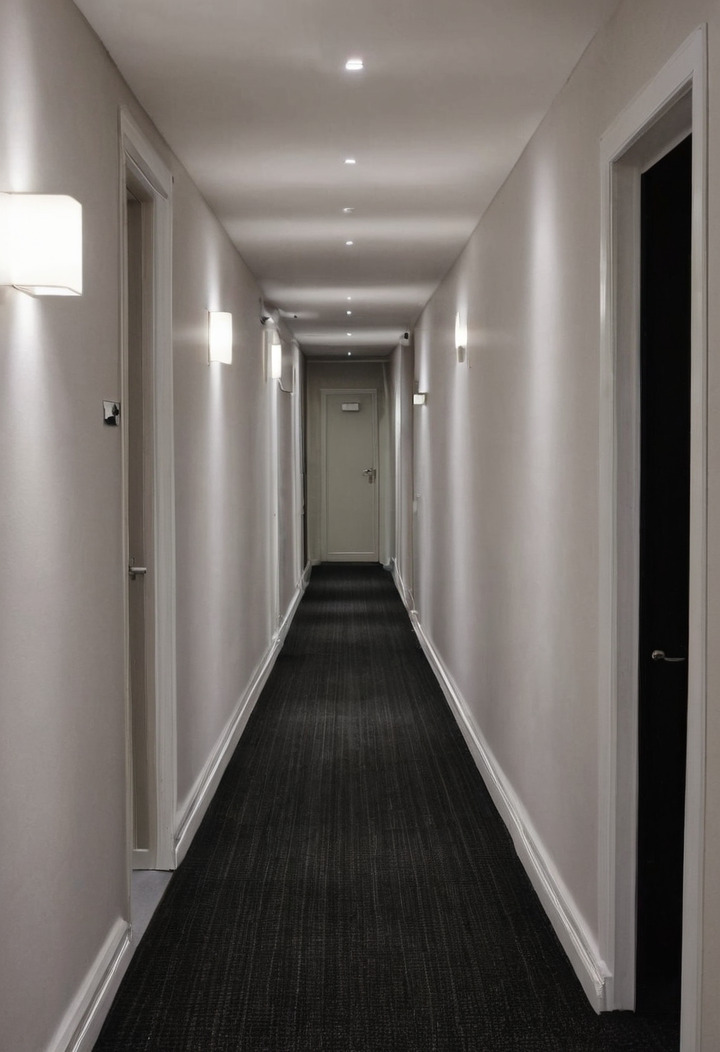 A hotel corridor with pale walls lit by wall-mounted luminaires and a dark carpet, seen along its length.