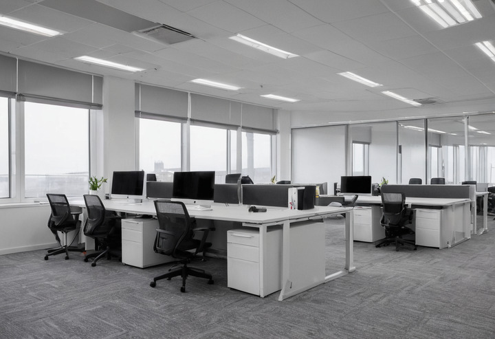 A row of three identical white desks with black task chairs under a ceiling of recessed linear luminaires in an open-plan office.