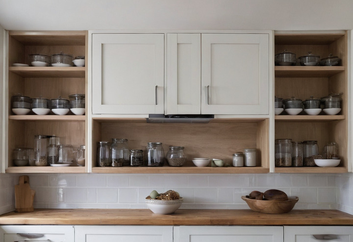 Open white kitchen wall cupboards with shelves stacked with white plates, glass jars and heavy ceramic bowls.