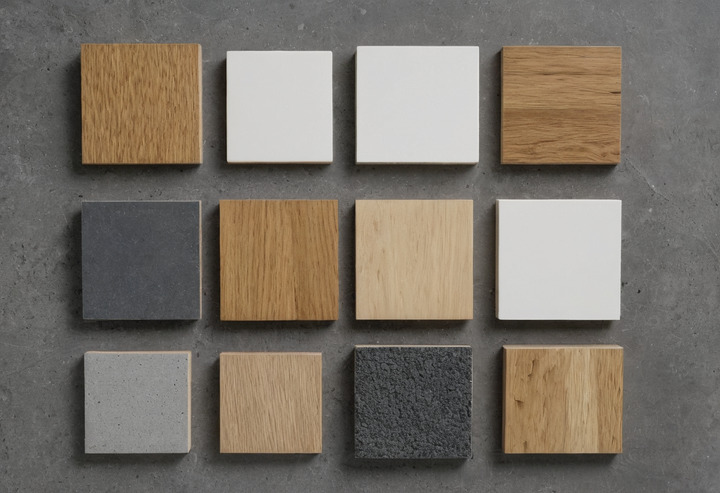 Square samples of plasterboard, oak panelling, particleboard, laminate and carpet laid in a row on a grey concrete floor.