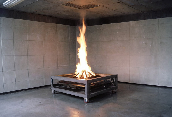 Two large wall panels fixed at right angles inside a fire test rig with a small gas burner at the base of the corner.