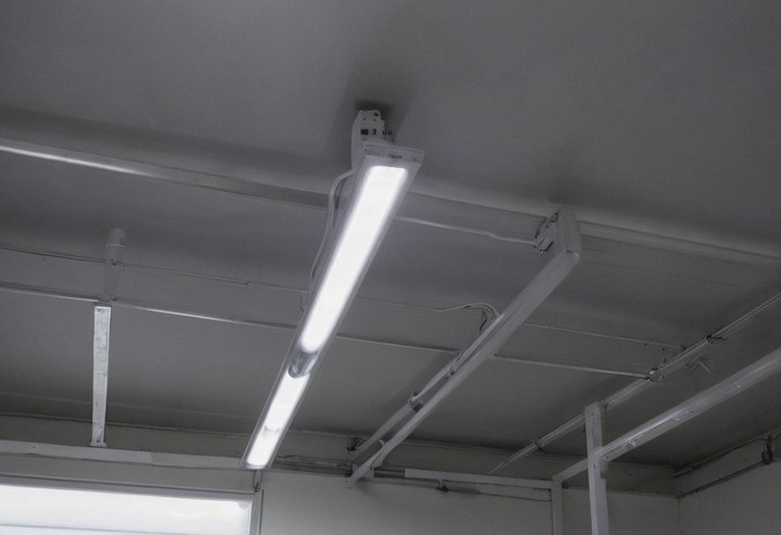 An open ceiling batten luminaire with one old fluorescent tube removed and laid on a table next to a new LED tube.
