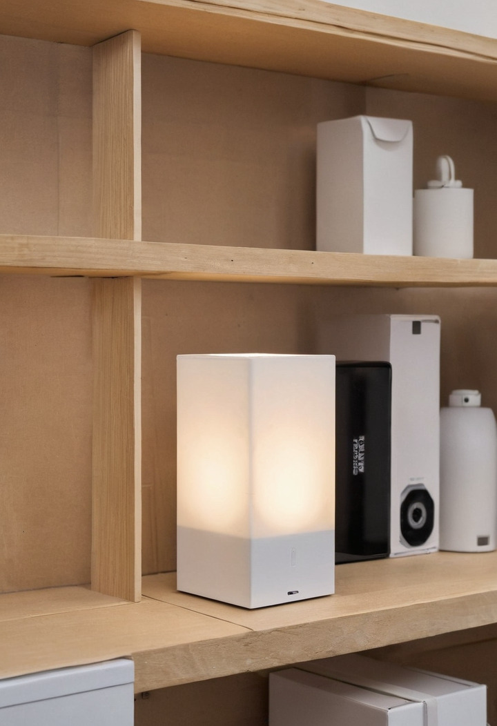 A boxed LED lamp on a shop shelf with a black smartphone lying face down beside it and the energy label area of the box left blank.