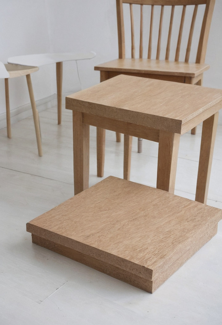 Small square samples of particleboard, MDF and plywood leaning against the leg of an oak chair on a white floor.