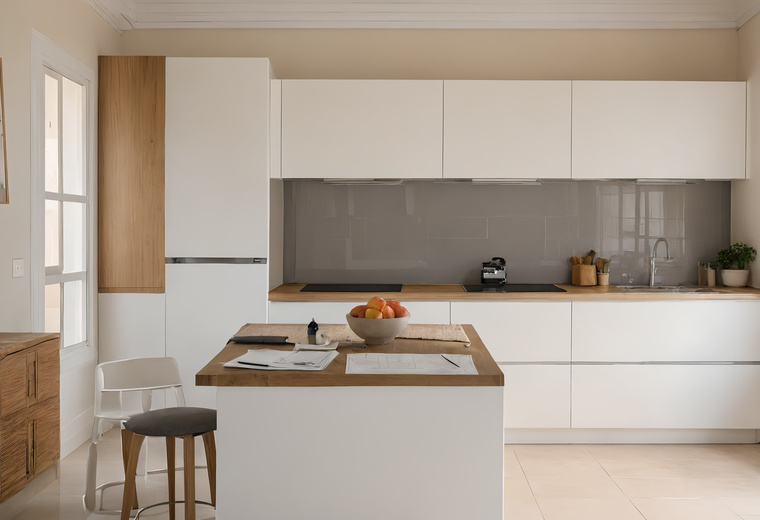 Family kitchen with white cabinets, tall appliance housings and papers spread on the island