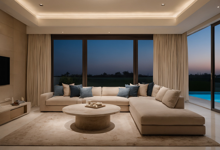 Villa living room in the evening with warm cove lighting around the ceiling, a large sofa and a round coffee table