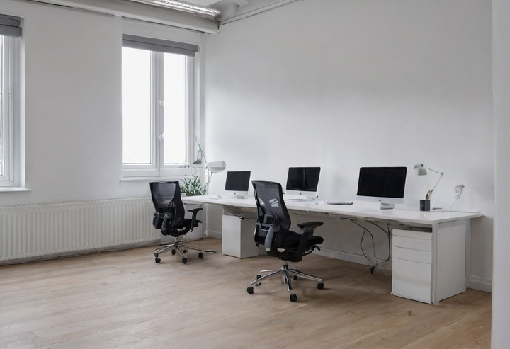 A white office with a long desk run carrying three monitors, two black mesh task chairs, white pedestal units, a radiator under the window and a light oak floor.
