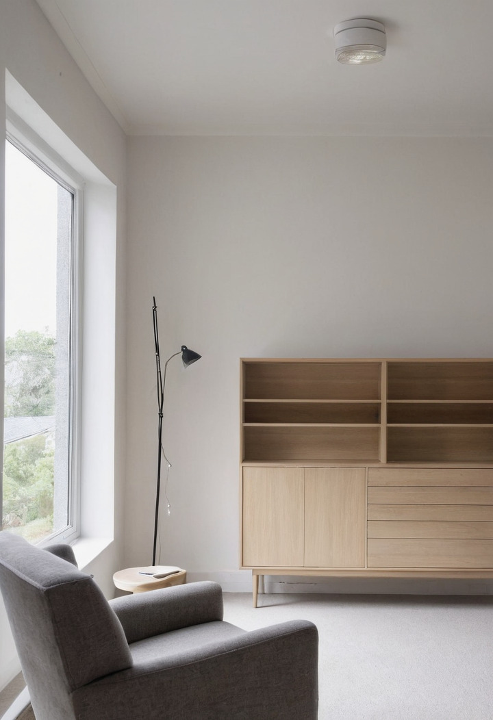 A pale oak sideboard and a grey upholstered armchair displayed in a bright furniture showroom with blank white price cards.