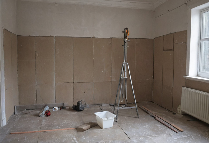 Stacks of large-format grey floor tiles, bags of adhesive and a tile cutter on a protected floor in an empty bathroom.